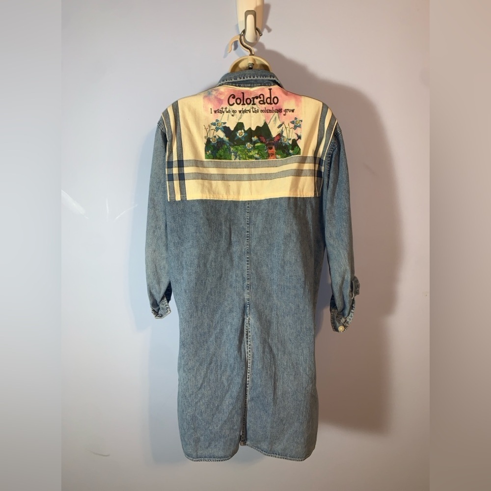 Vintage upcycled denim button up tunic with Colorado tea towel Graphic patch m